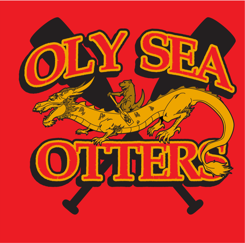 Image text: Oly Sea Otters Image Description: Red backdrop, red and yellow lettering, yellow dragon with a a sea otter sitting on it's back holding a paddle. black sillotte of two crossed paddles is behind the rest of the image and text.